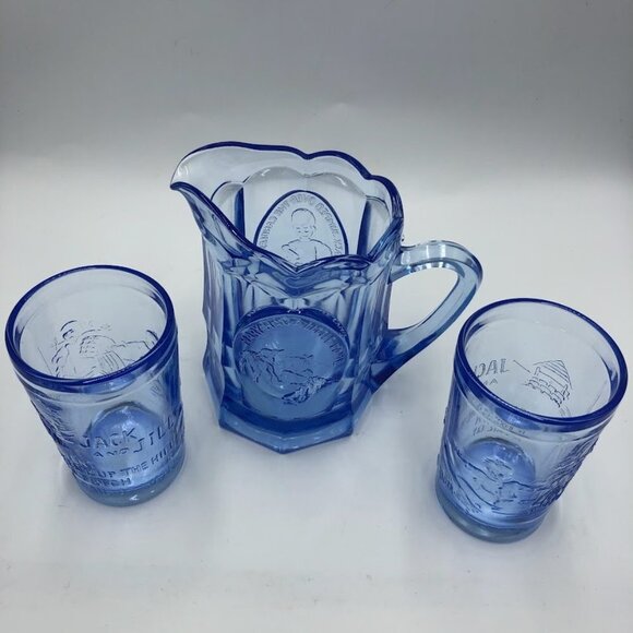 Vintage Tiara Blue Glass Pitcher and 2 Glass Set Jack and Jill Nursery Rhymes - Picture 5 of 16